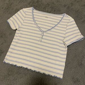 American Eagle Outfitters White and Blue Ribbed Crop Top